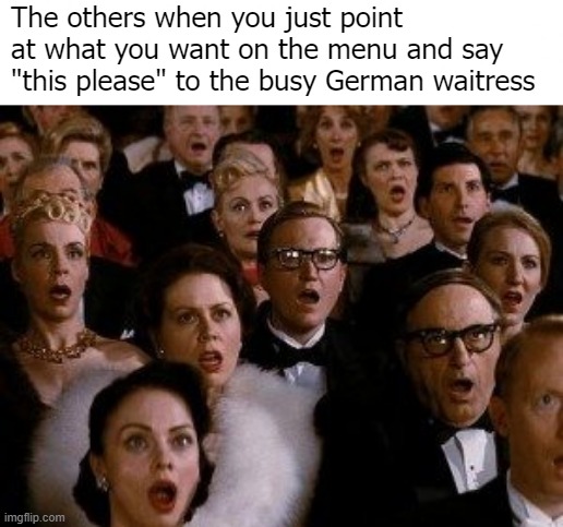 True story from Berlin | The others when you just point at what you want on the menu and say "this please" to the busy German waitress | image tagged in restaurants,language,funny,etiquette | made w/ Imgflip meme maker