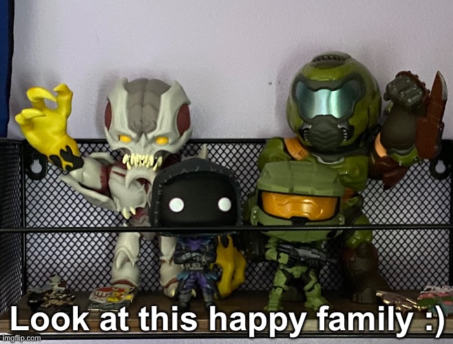 They’re so happy :) | Look at this happy family :) | image tagged in doomguy,master chief,raven,why are you reading the tags,never gonna give you up,never gonna let you down | made w/ Imgflip meme maker