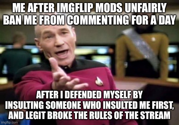 Bro the moderation is becoming like school moderation :/ | ME AFTER IMGFLIP MODS UNFAIRLY BAN ME FROM COMMENTING FOR A DAY; AFTER I DEFENDED MYSELF BY INSULTING SOMEONE WHO INSULTED ME FIRST, AND LEGIT BROKE THE RULES OF THE STREAM | image tagged in memes,picard wtf,mods abusing power | made w/ Imgflip meme maker