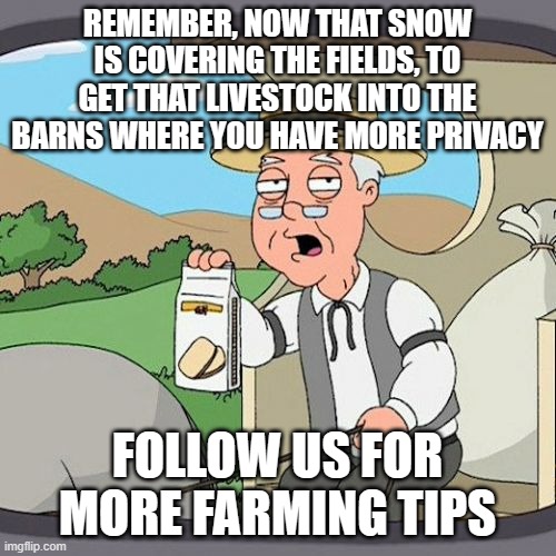 Pepperidge Farm Remembers | REMEMBER, NOW THAT SNOW IS COVERING THE FIELDS, TO GET THAT LIVESTOCK INTO THE BARNS WHERE YOU HAVE MORE PRIVACY; FOLLOW US FOR MORE FARMING TIPS | image tagged in memes,pepperidge farm remembers | made w/ Imgflip meme maker