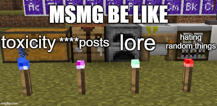 new temp (accidentally put in wrong stream) | MSMG BE LIKE; toxicity; ****posts; lore; hating random things | image tagged in four torches | made w/ Imgflip meme maker