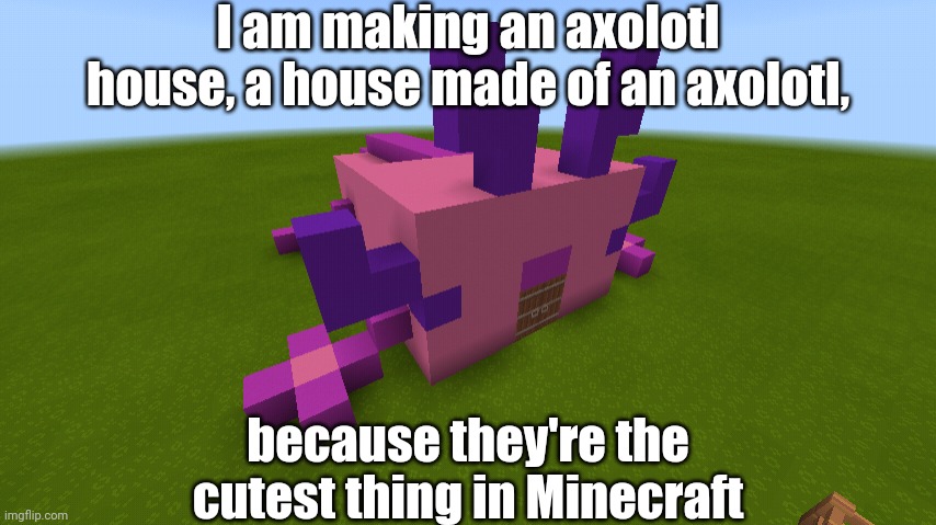 I'm making an axolotl house, a house made of an axolotl | I am making an axolotl house, a house made of an axolotl, because they're the cutest thing in Minecraft | image tagged in memes,minecraft,axolotl,funny,minecraft memes | made w/ Imgflip meme maker