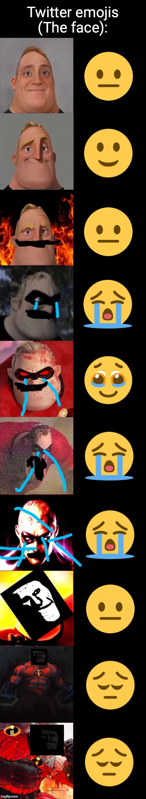 Mr incredible becoming evil and sad at the same time | Twitter emojis (The face): | image tagged in mr incredible becoming evil and sad at the same time | made w/ Imgflip meme maker