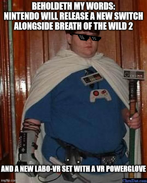 nintendo nerd | BEHOLDETH MY WORDS:
NINTENDO WILL RELEASE A NEW SWITCH ALONGSIDE BREATH OF THE WILD 2; AND A NEW LABO-VR SET WITH A VR POWERGLOVE | image tagged in nintendo nerd | made w/ Imgflip meme maker