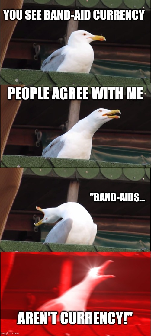Inhaling Seagull | YOU SEE BAND-AID CURRENCY; PEOPLE AGREE WITH ME; "BAND-AIDS... AREN'T CURRENCY!" | image tagged in memes,inhaling seagull | made w/ Imgflip meme maker