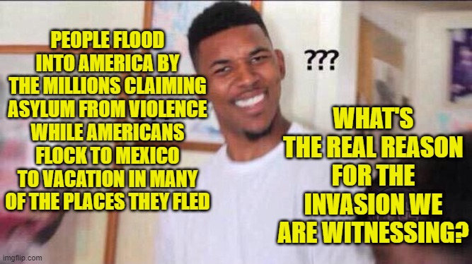 What is the REAL reason for the mass invasion of illegals at our southern border? |  WHAT'S THE REAL REASON FOR THE INVASION WE ARE WITNESSING? PEOPLE FLOOD INTO AMERICA BY THE MILLIONS CLAIMING ASYLUM FROM VIOLENCE WHILE AMERICANS FLOCK TO MEXICO TO VACATION IN MANY OF THE PLACES THEY FLED | image tagged in political meme,illegal immigration,invasion,leftist policies,liberal lunacy,democrat biden policy | made w/ Imgflip meme maker