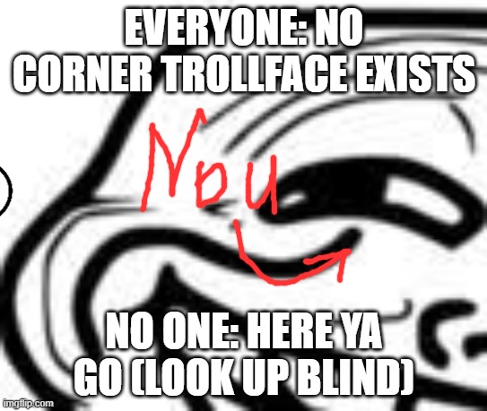 corner trollface | EVERYONE: NO CORNER TROLLFACE EXISTS; NO ONE: HERE YA GO (LOOK UP BLIND) | image tagged in funny memes | made w/ Imgflip meme maker