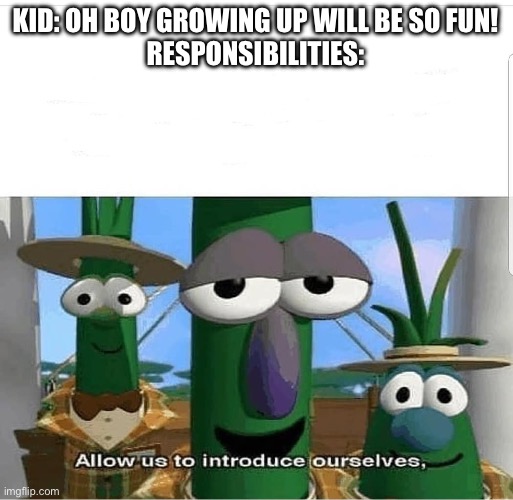 Let’s face it. This is sums up life in one meme | KID: OH BOY GROWING UP WILL BE SO FUN!
RESPONSIBILITIES: | image tagged in allow us to introduce ourselves | made w/ Imgflip meme maker