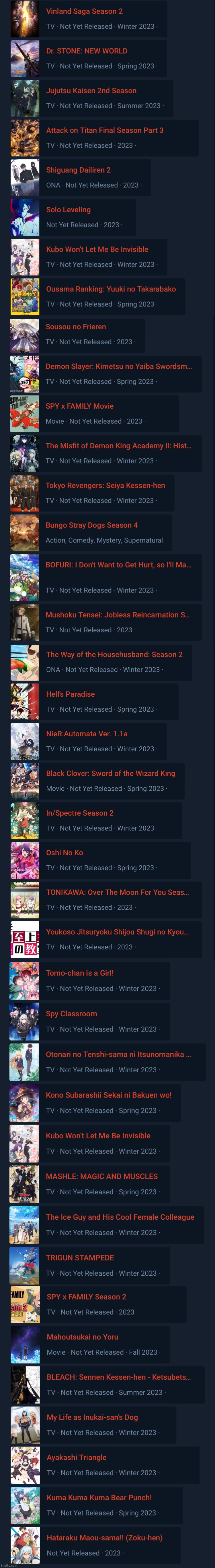 Anime 2023 is gonna be really good ( yes these are all the animes of 2023 I’m planning to watch ) | made w/ Imgflip meme maker