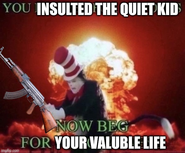 Beg for forgiveness | INSULTED THE QUIET KID; YOUR VALUBLE LIFE | image tagged in beg for forgiveness | made w/ Imgflip meme maker
