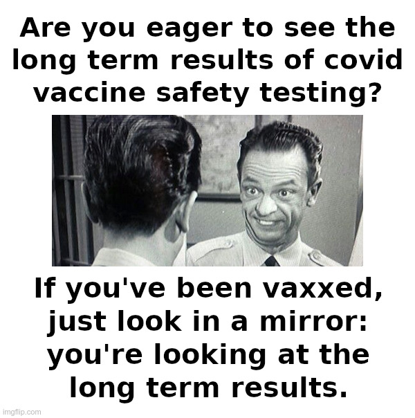 Covid Vaccine Long Term Safety Testing: Look In A Mirror | image tagged in covid,vaccine,safety,testing,barney fife | made w/ Imgflip meme maker