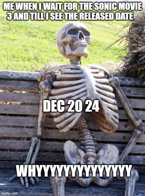 in 2 years of dec | ME WHEN I WAIT FOR THE SONIC MOVIE 3 AND TILL I SEE THE RELEASED DATE; DEC 20 24; WHYYYYYYYYYYYYYY | image tagged in memes,waiting skeleton | made w/ Imgflip meme maker
