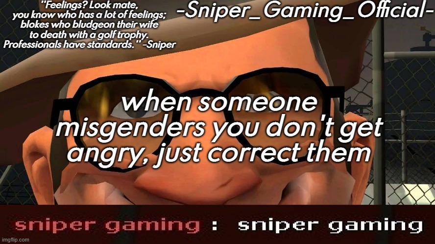 sniper gaming temp | when someone misgenders you don't get angry, just correct them | image tagged in sniper gaming temp | made w/ Imgflip meme maker