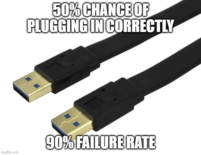 USB 2.0 | 50% CHANCE OF PLUGGING IN CORRECTLY; 90% FAILURE RATE | image tagged in usb 2 0,memes | made w/ Imgflip meme maker