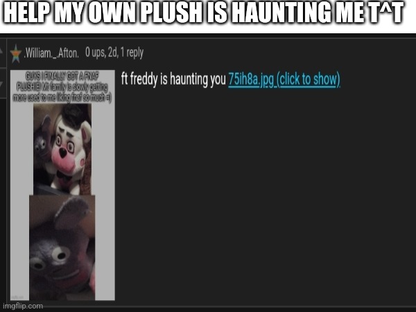 Help | HELP MY OWN PLUSH IS HAUNTING ME T^T | image tagged in funtime freddy,plush,fnaf,fnaf sister location | made w/ Imgflip meme maker