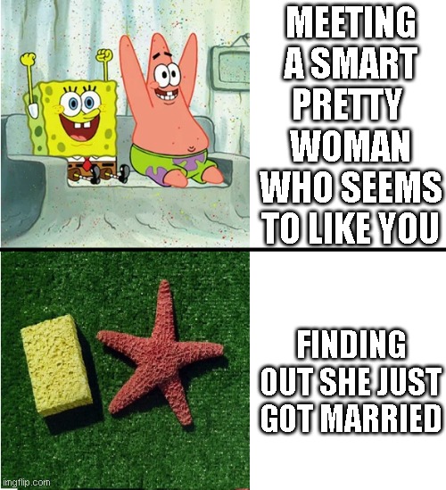Good Situation Vs.  Bad Situation | MEETING A SMART PRETTY 
WOMAN
WHO SEEMS TO LIKE YOU; FINDING OUT SHE JUST GOT MARRIED | image tagged in good situation vs bad situation | made w/ Imgflip meme maker