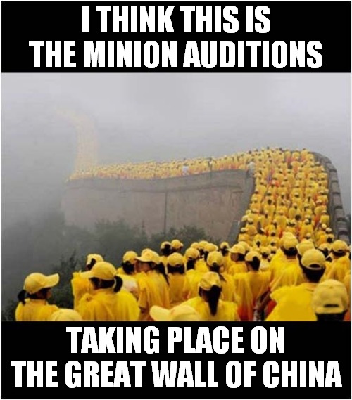 What Is Going On Here ? | I THINK THIS IS THE MINION AUDITIONS; TAKING PLACE ON
THE GREAT WALL OF CHINA | image tagged in fun,minions,great wall of china | made w/ Imgflip meme maker