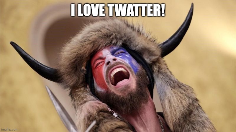 qanon shaman | I LOVE TWATTER! | image tagged in qanon shaman | made w/ Imgflip meme maker