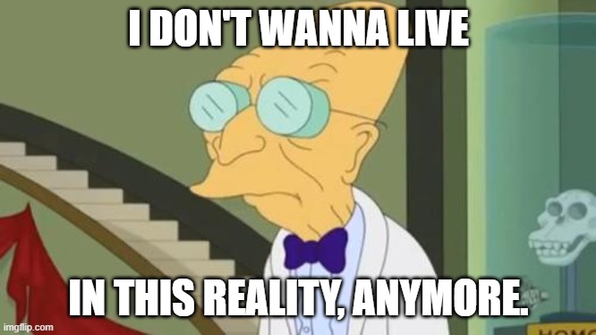 I Don't Want To Live In This Reality, Anymore | I DON'T WANNA LIVE; IN THIS REALITY, ANYMORE. | image tagged in futurama | made w/ Imgflip meme maker