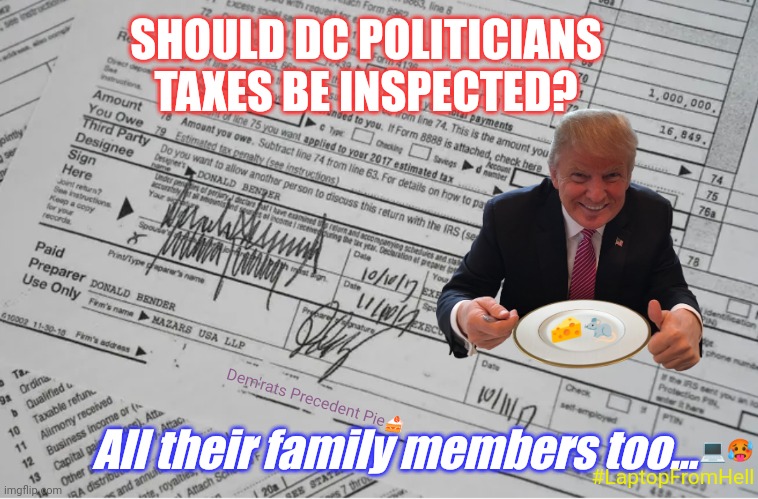 Hunter's Become the Hunted? FBI too. IRS backfire? #PANICinDC | SHOULD DC POLITICIANS TAXES BE INSPECTED? 🧀🐀; Dem'rats Precedent Pie🍰; 💻🥵; All their family members too... #LaptopFromHell | image tagged in trump tax returns,it's a trap,joe biden,democrats,the great awakening,donald trump approves | made w/ Imgflip meme maker