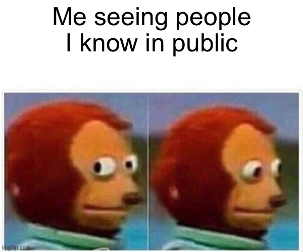 Monkey Puppet | Me seeing people I know in public | image tagged in memes,monkey puppet | made w/ Imgflip meme maker