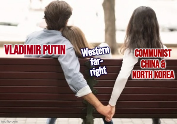 Sorry babe, he's just not that into you | VLADIMIR PUTIN; Western far- right; COMMUNIST CHINA & NORTH KOREA | image tagged in holding hands behind back fixed textboxes | made w/ Imgflip meme maker