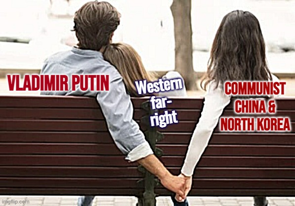 Sorry babe, he's just not that into you | VLADIMIR PUTIN; Western far- right; COMMUNIST CHINA & NORTH KOREA | image tagged in holding hands behind back fixed textboxes | made w/ Imgflip meme maker