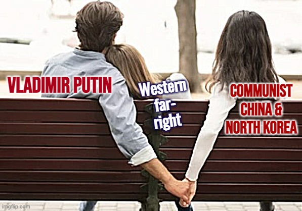 Sorry babe, he's just not that into you | VLADIMIR PUTIN; Western far- right; COMMUNIST CHINA & NORTH KOREA | image tagged in holding hands behind back fixed textboxes,putin,vladimir putin,china,north korea,alt-right | made w/ Imgflip meme maker