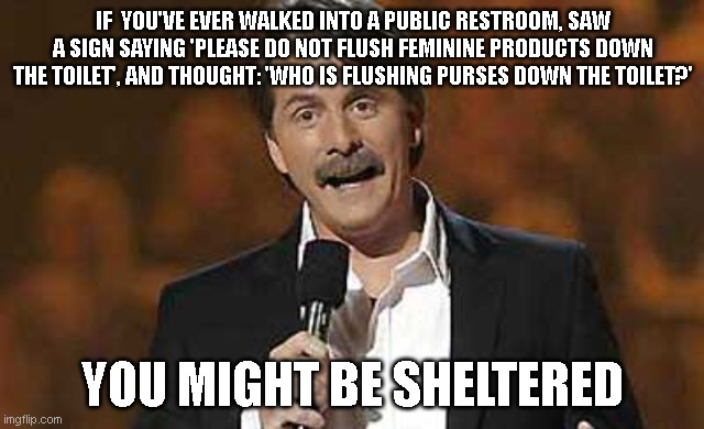 you might be sheltered | IF  YOU'VE EVER WALKED INTO A PUBLIC RESTROOM, SAW A SIGN SAYING 'PLEASE DO NOT FLUSH FEMININE PRODUCTS DOWN THE TOILET', AND THOUGHT: 'WHO IS FLUSHING PURSES DOWN THE TOILET?'; YOU MIGHT BE SHELTERED | image tagged in jeff foxworthy you might be a redneck | made w/ Imgflip meme maker