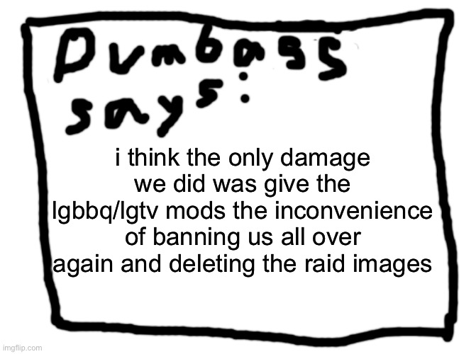 idk | i think the only damage we did was give the lgbbq/lgtv mods the inconvenience of banning us all over again and deleting the raid images | image tagged in idk | made w/ Imgflip meme maker