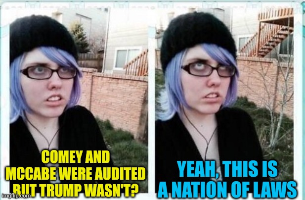 SJW eyeroll | COMEY AND MCCABE WERE AUDITED BUT TRUMP WASN'T? YEAH, THIS IS A NATION OF LAWS | image tagged in maga corruption,republican corruption,government corruption,irs,nation of men,trump lies | made w/ Imgflip meme maker