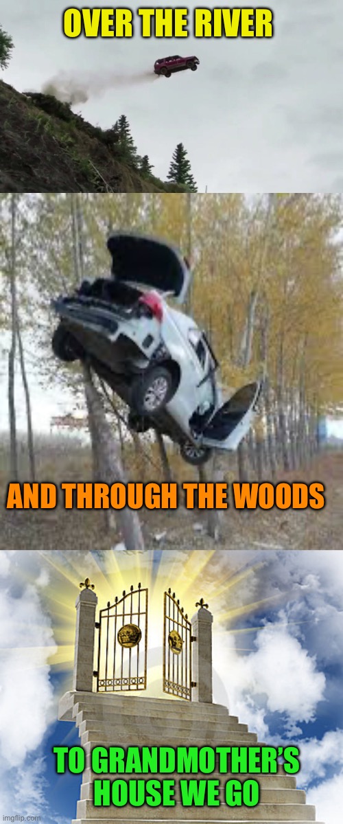 OVER THE RIVER TO GRANDMOTHER’S HOUSE WE GO AND THROUGH THE WOODS | image tagged in car driving off cliff,heaven gates | made w/ Imgflip meme maker