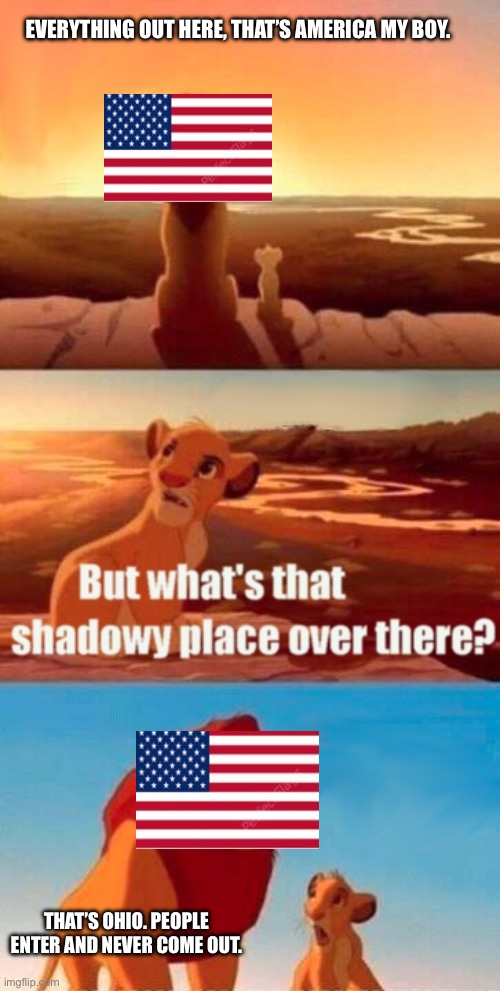 Later that day, Simba went to Ohio and was never seen again. | EVERYTHING OUT HERE, THAT’S AMERICA MY BOY. THAT’S OHIO. PEOPLE ENTER AND NEVER COME OUT. | image tagged in memes,simba shadowy place,ohio | made w/ Imgflip meme maker