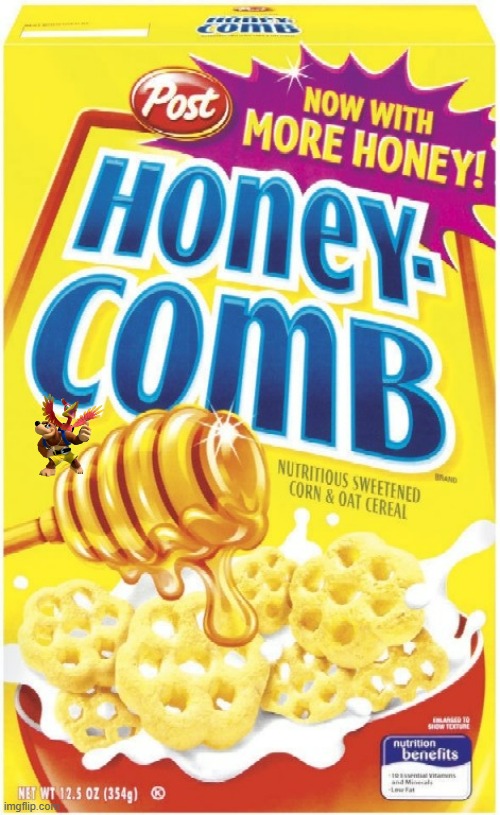 if banjo was on a box of honey comb | image tagged in memes,banjo kazooie,microsoft,cereal,honey comb,fake | made w/ Imgflip meme maker