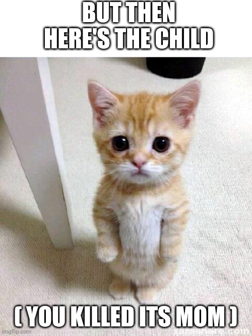 BUT THEN HERE'S THE CHILD ( YOU KILLED ITS MOM ) | image tagged in blank white template,memes,cute cat | made w/ Imgflip meme maker