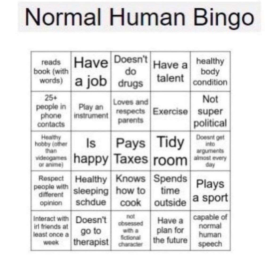 Normal human bingo Blank Meme Template