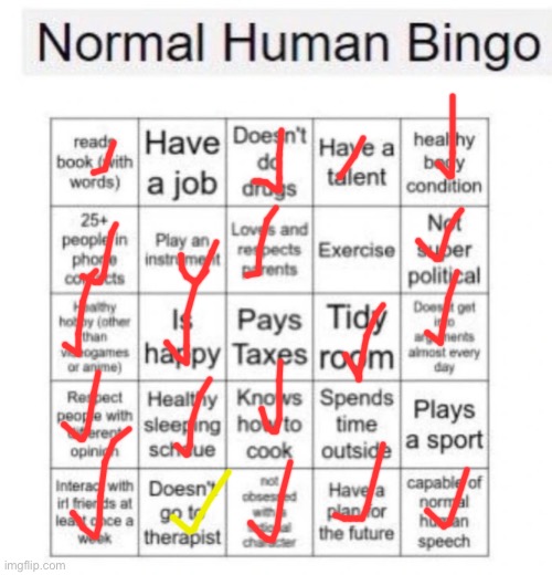 yellow one is yellow because recently i stopped having councelling | image tagged in normal human bingo | made w/ Imgflip meme maker