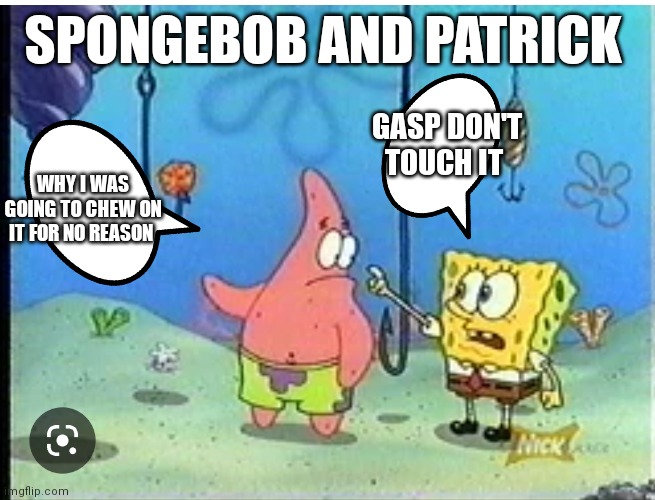 SpongeBob and Patrick | SPONGEBOB AND PATRICK; GASP DON'T TOUCH IT; WHY I WAS GOING TO CHEW ON IT FOR NO REASON | image tagged in spongebob squarepants,funny memes | made w/ Imgflip meme maker