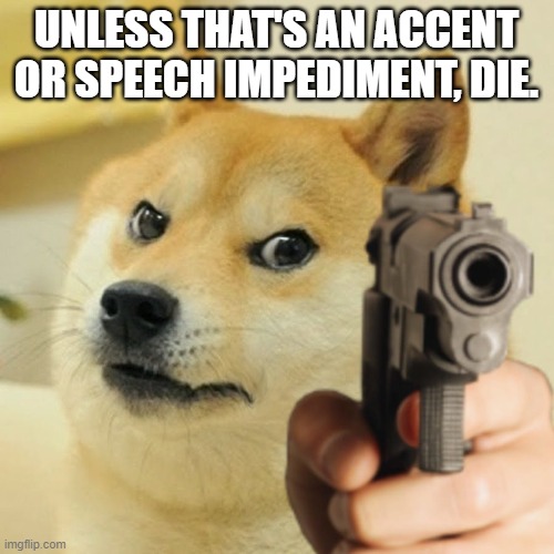 Doge holding a gun | UNLESS THAT'S AN ACCENT OR SPEECH IMPEDIMENT, DIE. | image tagged in doge holding a gun | made w/ Imgflip meme maker