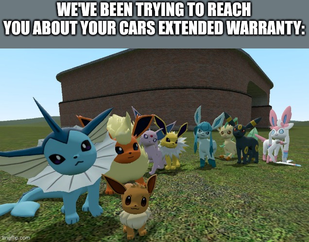 eeveelutions | WE'VE BEEN TRYING TO REACH YOU ABOUT YOUR CARS EXTENDED WARRANTY: | image tagged in eeveelutions | made w/ Imgflip meme maker