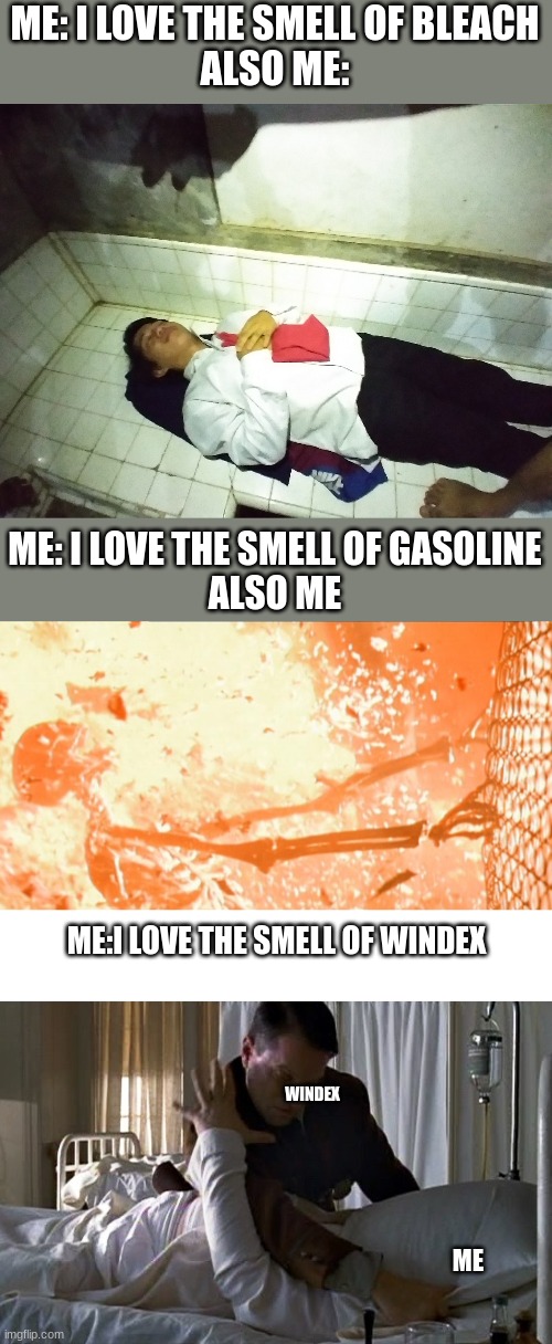 this is literally going to be the death of me | ME: I LOVE THE SMELL OF BLEACH
ALSO ME:; ME: I LOVE THE SMELL OF GASOLINE
ALSO ME; ME:I LOVE THE SMELL OF WINDEX; WINDEX; ME | image tagged in man im dead,skeleton exploding,pillow suffocation,funny,ol,relatable memes | made w/ Imgflip meme maker