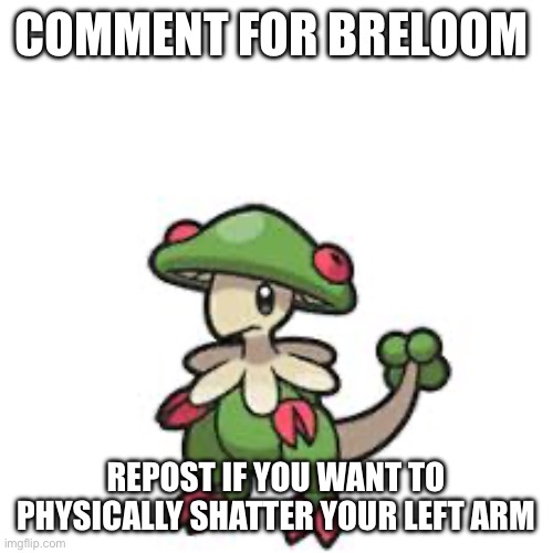 COMMENT FOR BRELOOM; REPOST IF YOU WANT TO PHYSICALLY SHATTER YOUR LEFT ARM | made w/ Imgflip meme maker