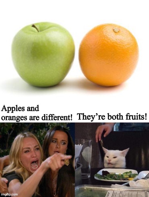 Apples and oranges are different | image tagged in apples and oranges are different | made w/ Imgflip meme maker