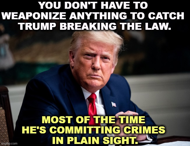Trump thinks the law doesn't apply to him. He thinks wrong. | YOU DON'T HAVE TO 
WEAPONIZE ANYTHING TO CATCH 
TRUMP BREAKING THE LAW. MOST OF THE TIME 
HE'S COMMITTING CRIMES 
IN PLAIN SIGHT. | image tagged in trump,i am above the law,crazy,wrong,criminal | made w/ Imgflip meme maker