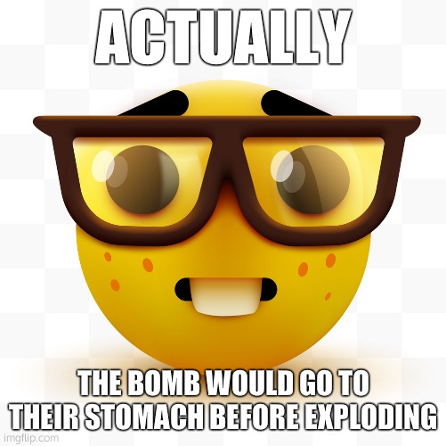 Nerd emoji | ACTUALLY THE BOMB WOULD GO TO THEIR STOMACH BEFORE EXPLODING | image tagged in nerd emoji | made w/ Imgflip meme maker