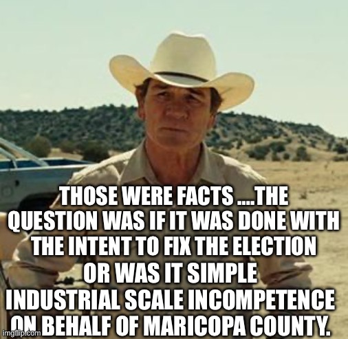 Tommy Lee Jones, No Country.. | THOSE WERE FACTS ….THE QUESTION WAS IF IT WAS DONE WITH THE INTENT TO FIX THE ELECTION OR WAS IT SIMPLE INDUSTRIAL SCALE INCOMPETENCE ON BEH | image tagged in tommy lee jones no country | made w/ Imgflip meme maker