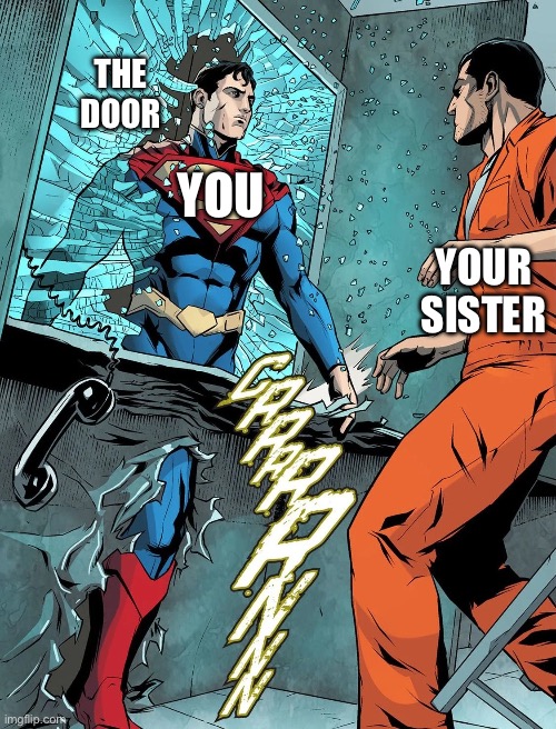 Superman phasing through wall | YOU YOUR SISTER THE DOOR | image tagged in superman phasing through wall | made w/ Imgflip meme maker