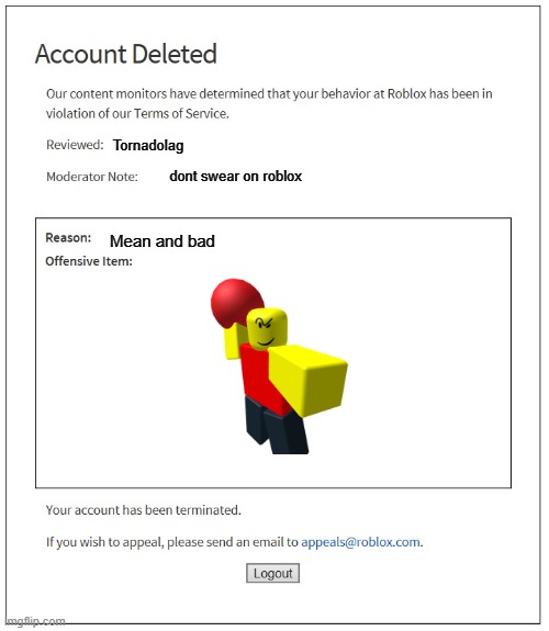 B a l l e r | Tornadolag; dont swear on roblox; Mean and bad | image tagged in banned from roblox | made w/ Imgflip meme maker