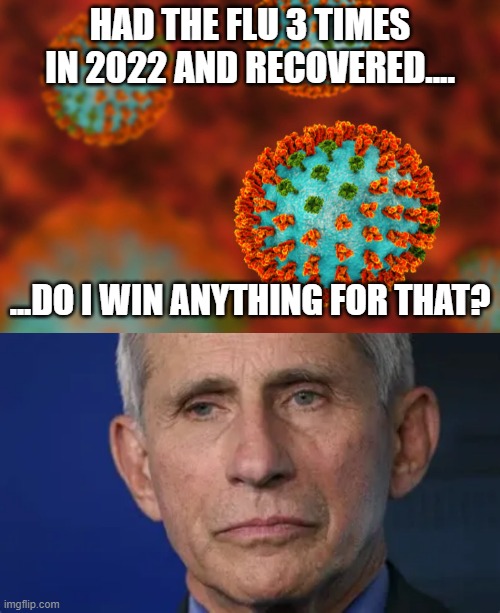 HAD THE FLU 3 TIMES IN 2022 AND RECOVERED.... ...DO I WIN ANYTHING FOR THAT? | image tagged in flu virus | made w/ Imgflip meme maker
