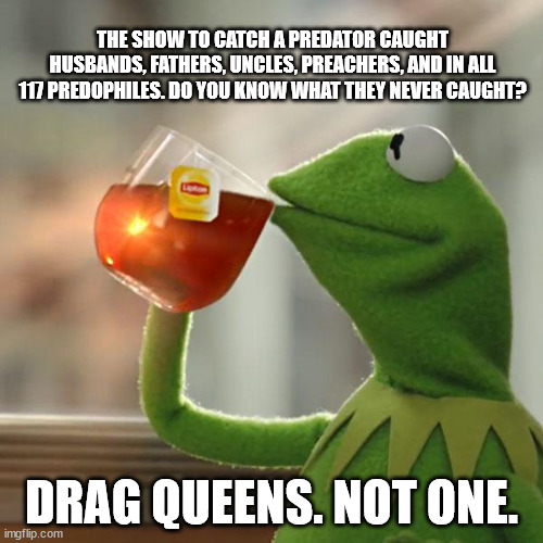 But That's None Of My Business Meme | THE SHOW TO CATCH A PREDATOR CAUGHT HUSBANDS, FATHERS, UNCLES, PREACHERS, AND IN ALL 117 PREDOPHILES. DO YOU KNOW WHAT THEY NEVER CAUGHT? DRAG QUEENS. NOT ONE. | image tagged in memes,but that's none of my business,kermit the frog | made w/ Imgflip meme maker